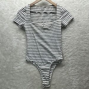 SO White and Black Striped Bodysuit with Short Sleeves